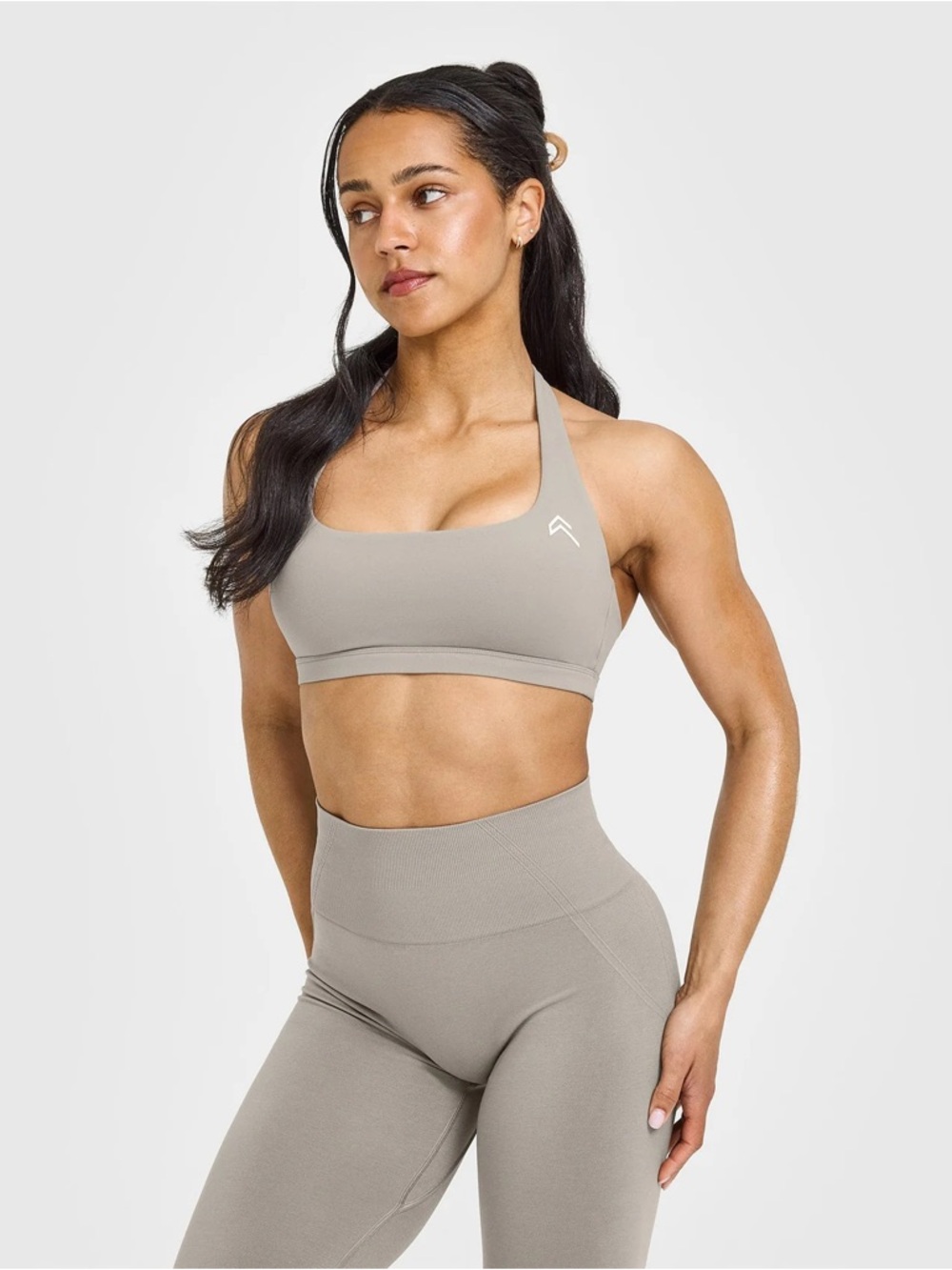 Oner Active Easy Lift Halter Bralette with White Logo in Warm Sand - Medium